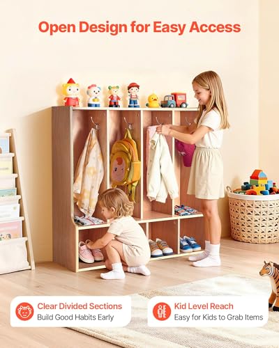 Image of VEVOR 4-Section Coat Locker with Bench, Kids Lockers with 8 Hooks & Non-Slip Mat, Classroom Cubbies for Daycare, Home, Kindergarten- Natural