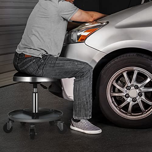 M-Auto Pneumatic Rolling Mechanic Stool With Wheels 250-Pound Capacity Creeper, 18" To 23" Adjustable Height Mobile Garage Shop Seat With Detachable Tool Tray Storage, Black #TOP1