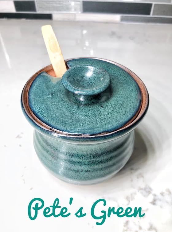 Handmade Ceramic Honey Jar with Dipper, Glazed Sugar Dish Pottery Container, Kitchen Counter Storage, Christmas Gift for Home Cooks (Emerald Green, Dipper for honey)