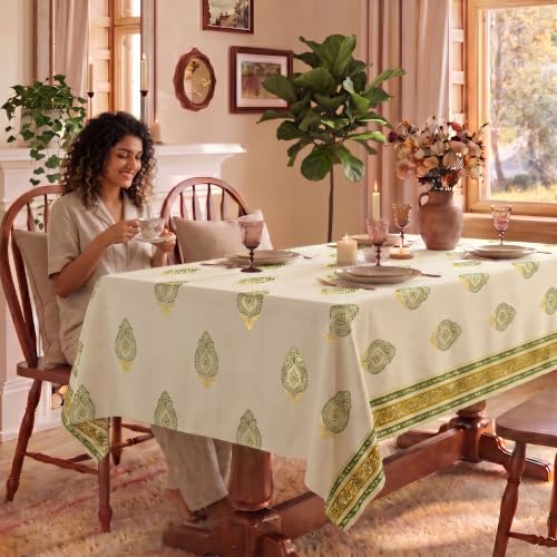 Image of Urban Space 100% Cotton Dining Table Cover for 4 Seater, Gold Foil Printed Cotton Table Cloth for Center Table, Dining Room Table Cover (Size 48 inch x 72 inch - 4 Seater, Zari Buta Sage Green Gold)