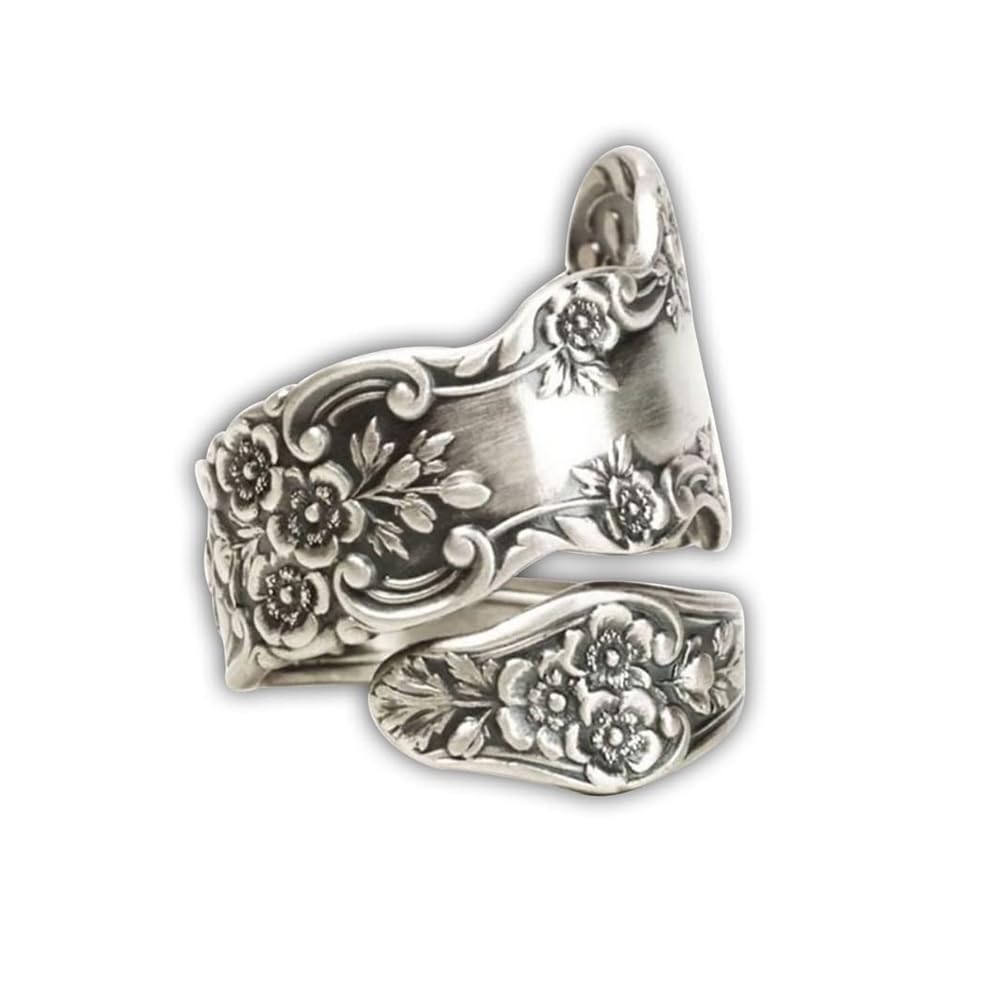 Vintage Flower Spoon Rings Promise Wedding Engagement Statement Boho Circling Rose Flower Cluster Finger Open Ring Adjustable Extendable Wrap Bands for Women Girls Men Retro Comfort Fit Jewelry Gifts