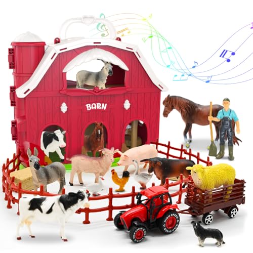 KIMICARE Big Red Barn Toys for Toddlers, Farm Animal Figures Playset with Tractor, 20 Pack Preschool STEM Toys