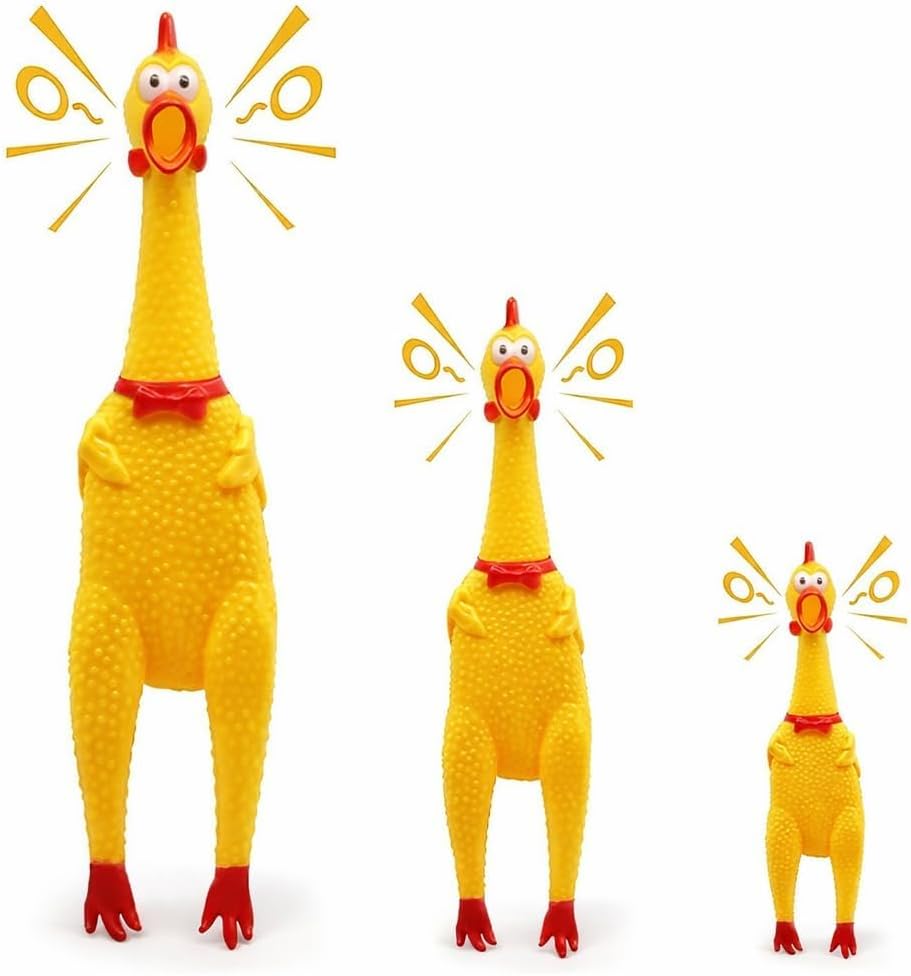 Extra Large Giant Rubber Chicken Squeaky Toy with Loud Squawking Sound Funny Yellow Squeeze Chicken Prank Gag Gift & Durable Interactive Latex Dog Chew Toy (Small Medium Large - Pack of 3)