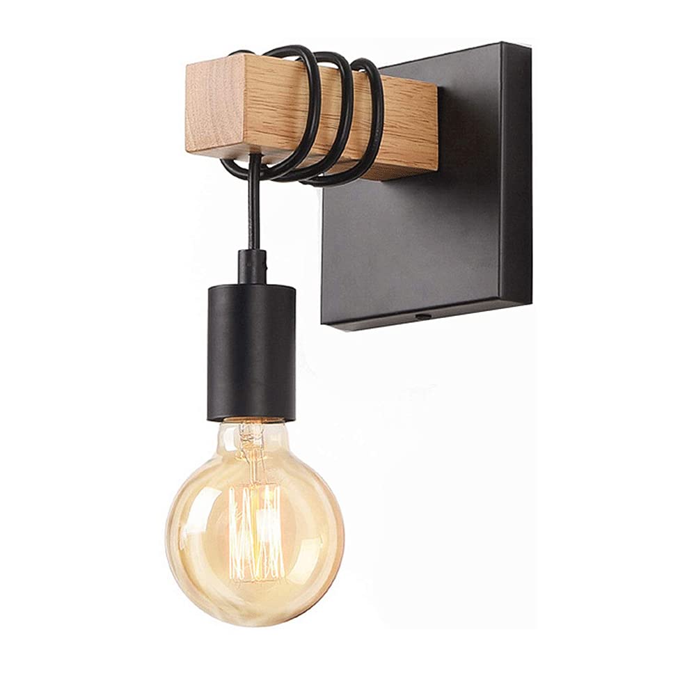 Elksdut 1 Pack Wall Sconce Black Metal Wall Light, Rustic Edison Wall Mounted Lamp, Industrial Farmhouse Wall Sconces Wood Wall Lighting Fixtures For Barn, Kitchen, Living Room