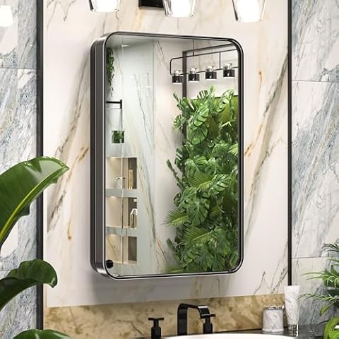 Keonjinn 16 x 24 Inch Black Medicine Cabinets for Bathroom with Mirror Stainless Steel Framed Rounded Rectangle Adjustable Shelves Recessed Small Mirrored Medicine Cabinets for Bath Modern Farmhouse Cover