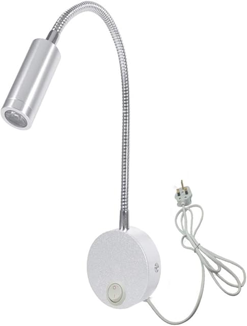 WeFoonLo 3W Wall Mounted Reading Light Flexible Gooseneck LED Sconce Lamp with Plug & Switch for Bedroom, Office, Workbench, Studio (3W Silver-Cool White)