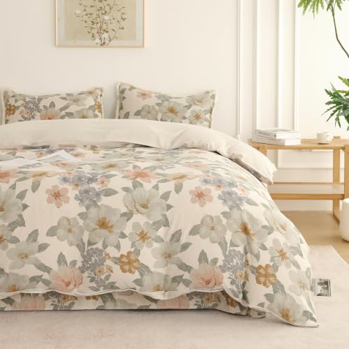 Image of Story@Home King Size Bedcover Set | 400 TC Microfiber Bedding Set with 1 Duvet Cover 1 King Bedsheet 270 x 250 cm & 2 Pillow Covers | Soft Durable Duvet Cover Set Floral Pattern | Beige Peach