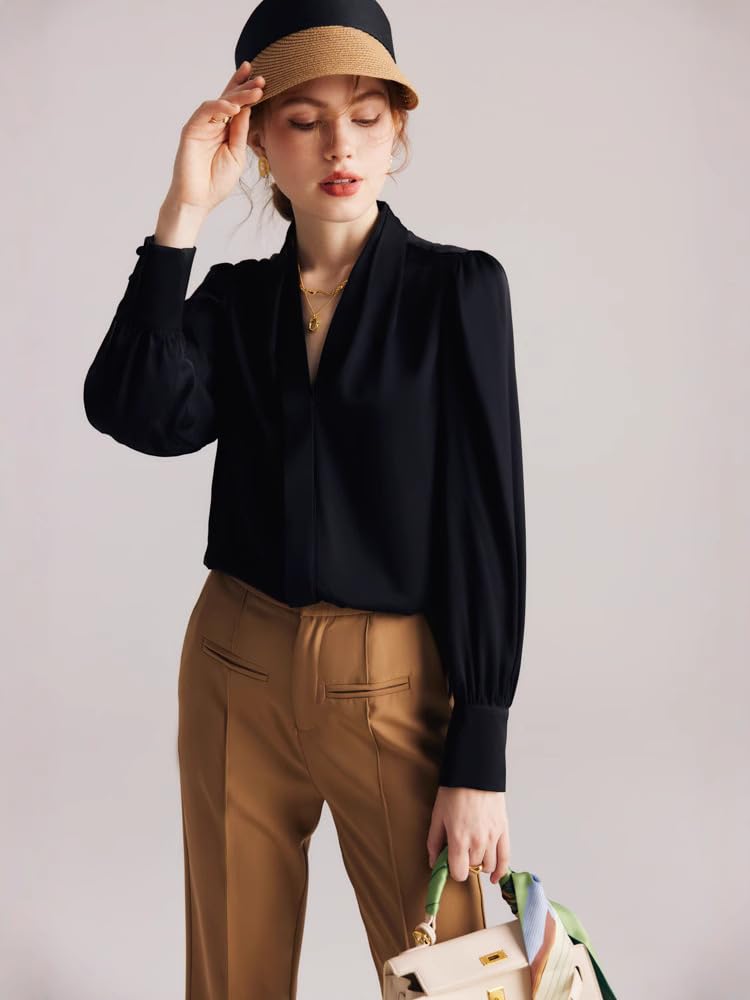 Blusa de Seda Crepe elástica de Manga Larga para Mujer