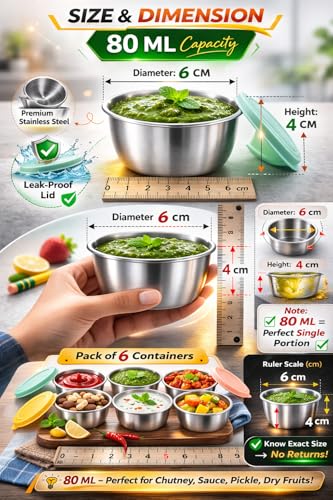 Image of Stainless Steel Mini Storage Containers with Lid (Pack of 6, 80 ml) Leak-Proof Small Round Sauce & Chutney Cups for Kids Tiffin, Lunch Box, Salad Dressing, Snacks, Travel Food Container