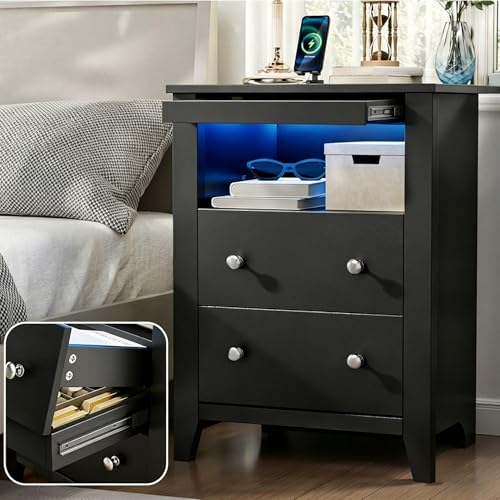 Loomie Black Nightstand with Gun Drawer Night Stand with Charging Station & LED Lights Bedside Table with Tray & 2 Drawers End Side Table with Hidden Compartment for Valuables Storage