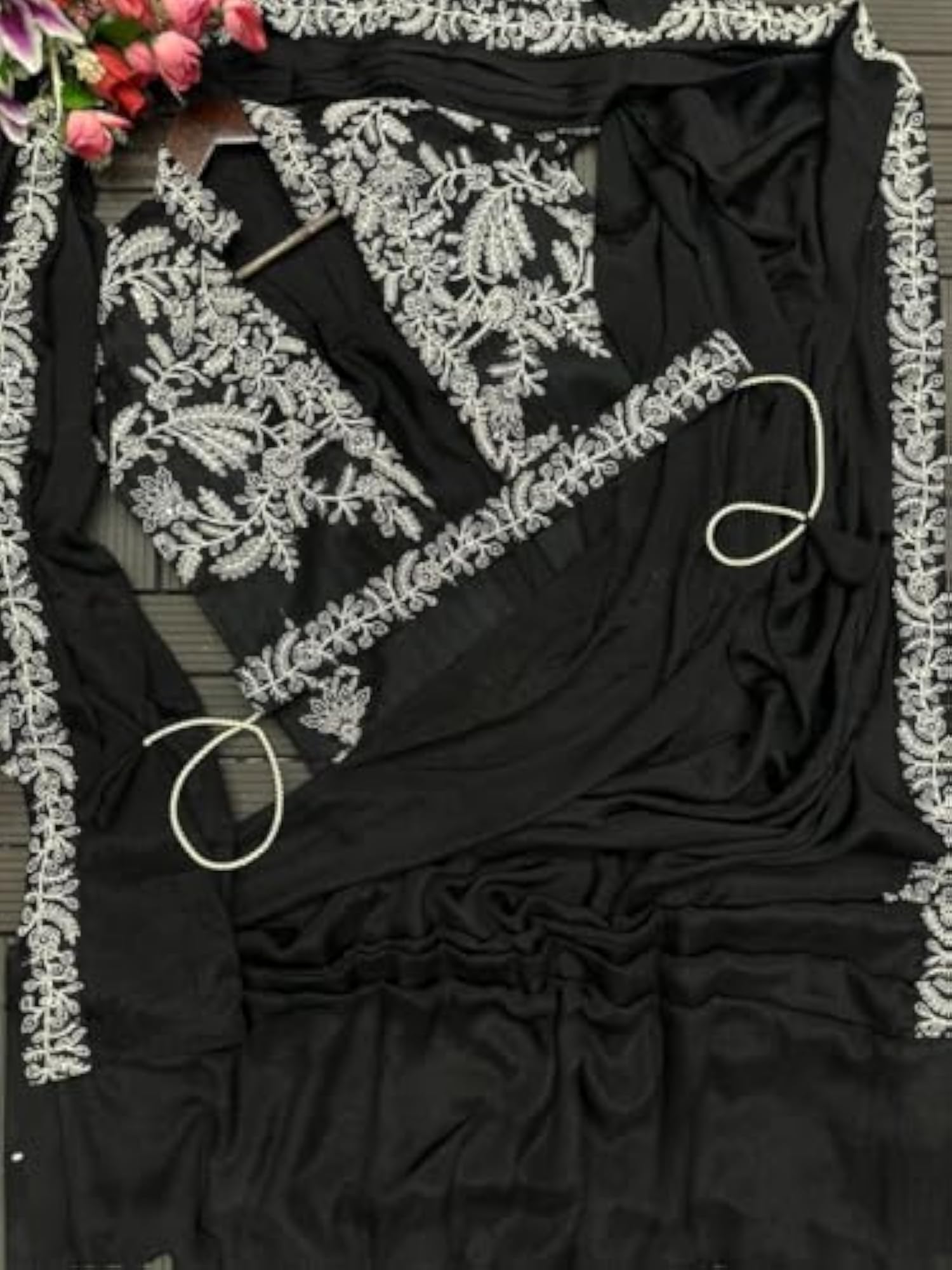 Embellished Embroidered Saree with Stitched Blouse for Women