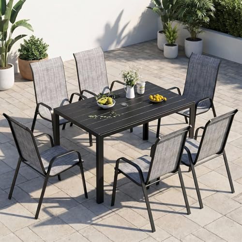 Image of LIFERUN 7 Piece Patio Dining Sets, 110x70x73cm Aluminium Garden Table with Parasol Hole, 6 Stackable Textilene Chairs with High Back for Garden, Terrace, Backyard & Poolside
