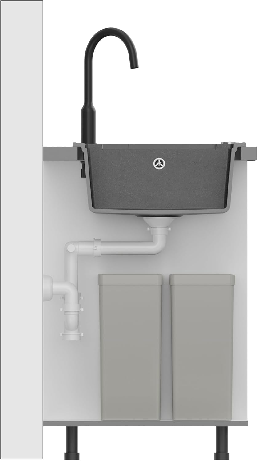 QUADRON fregadero doble cubeta blanco, EVAN 121 GraniteQ, fregadero de granito de 2 cubetas en 1160x500x210 mm, Push 2 Open fregadero con sifón y escurridor, elementos de cobre PVD