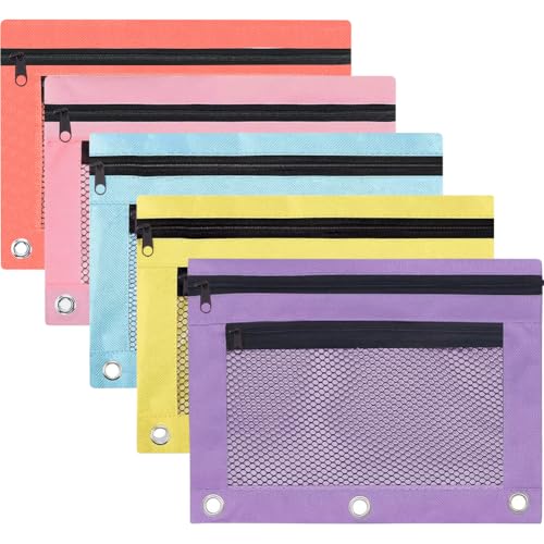 CRASPIRE 5Pcs Pencil Pouches Zippered for 3 Ring Binder with Smooth 5 Colors Zippers Dual-Pockets Mesh Window Pencil Case Cosmetic Bag Organizer for Storing Classroom Office Home Stationery Supplies