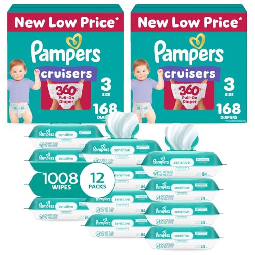 Image of Pampers Pull On Cruisers 360° Fit Disposable Baby Diapers Size 3, 2 Months Supply (2 x 168 Count) with Sensitive Water Based Baby Wipes 12X Multi Pack Pop-Top and Refill (1008 Count)
