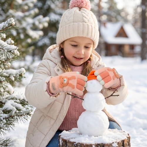Image of Kids Winter Woolen Hand Gloves for Girls (Age 8-12 Years) | Soft Warm Knitted Gloves | Cute Teddy Bear Design | Cold Weather Gloves