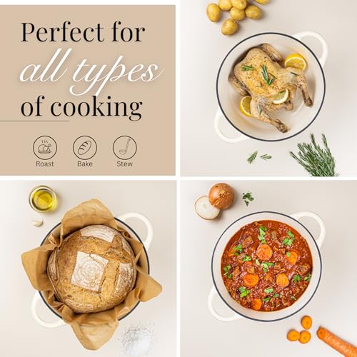 Image of Cast Iron Dutch Oven with Lid-Non-Stick Ovenproof Enamelled Casserole Pot - Sturdy Dutch Oven Cookware-Cream, 7.3- Quart, 30cm- by Nuovva