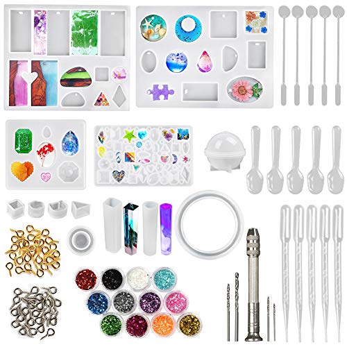 LotFancy Epoxy Resin Molds, 141pcs Resin Jewelry Making Kit, Silicone Molds for Resin Casting, DIY Crystal Glue Jewelry Mold Set for Pendant Earring, Includes Hand Drill, Glitter Sequins and Tools