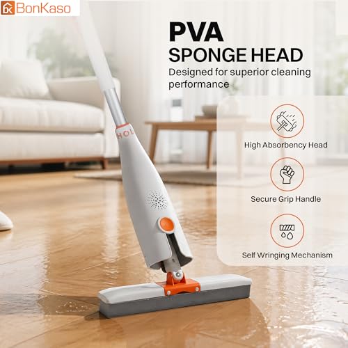 Image of BonKaso PVA Sponge Mop with Self-Wringing Mechanism, High Absorbency Sponge Head, 360 Movement, Detachable Replaceable Mop Head for Wet Floor Cleaning on Tiles Marble Granite Wooden Floors