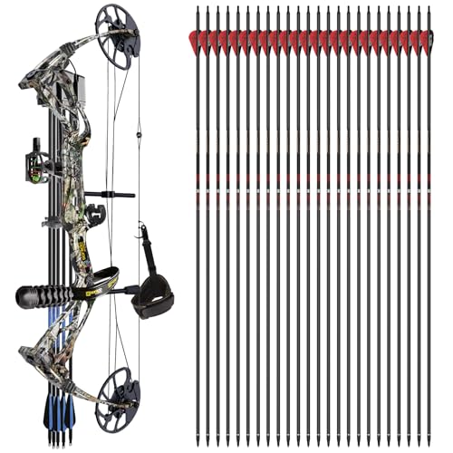 Sanlida Archery Dragon X8 Compound Bow Kit (Camo) and 100% Pure Carbon Arrows Dragon 10 Carbon Hunting Arrows (+/-.001