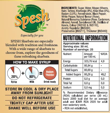 Image of SPESH Badam Thandai With Kesar Sharbat 700 ml | Instant Refreshing Drink | Perfect for Cocktails, Mocktails, Beverages, Juices, Milk Shakes & Desserts | Natural Summer Healthy Refreshing Flavored Drink