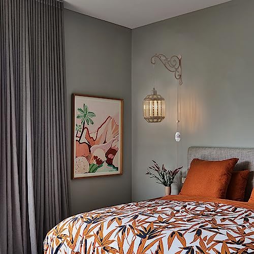Image of Boho White Lantern Wall Lights with Plug in Cord, Farmhouse Rustic Wall Sconces Plug in Hanging Lamps for Bedside Bedrooms Living Room 2PK