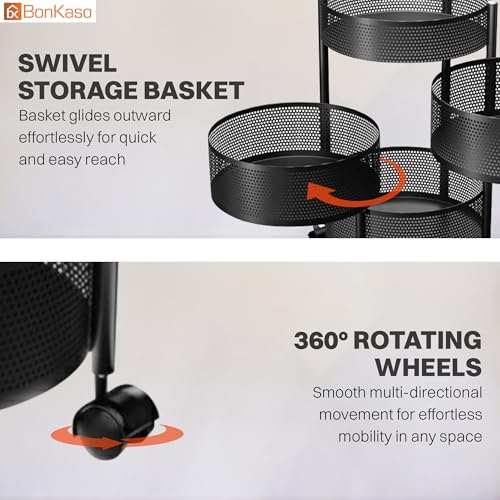 Image of BonKaso 4-Layer Round Multipurpose Kitchen Trolley with Swivel Storage Basket & 360 Rotating Wheels, Black Steel Frame, Easy Mobility, Space-Saving and Durable