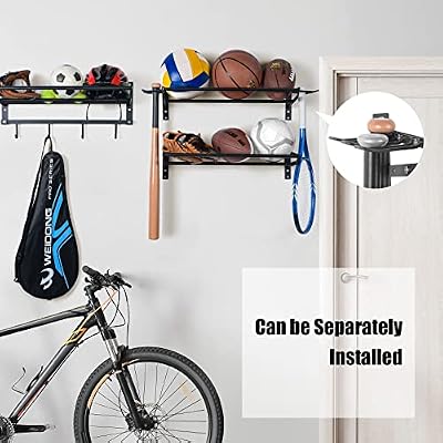 XCSOURCE Garage Sports Equipment Storage Rack with 3 Separate Shelf, Ball Rack, Sport Equipment Organizer with 4 Hooks for Badminton Racket, Basketball Rack for Basketball Football Rugby