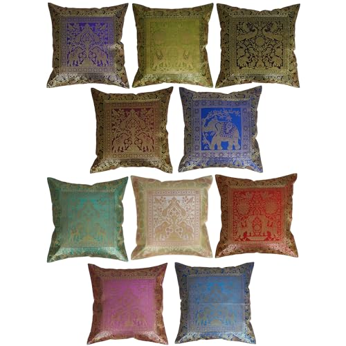 Real Online Seller Indian Set of 10 16X16 Inch (41X41 Cm) Indian Ethnic Hand Embroidery Elephant Print Decorative Silk Cushion Cover for Gift