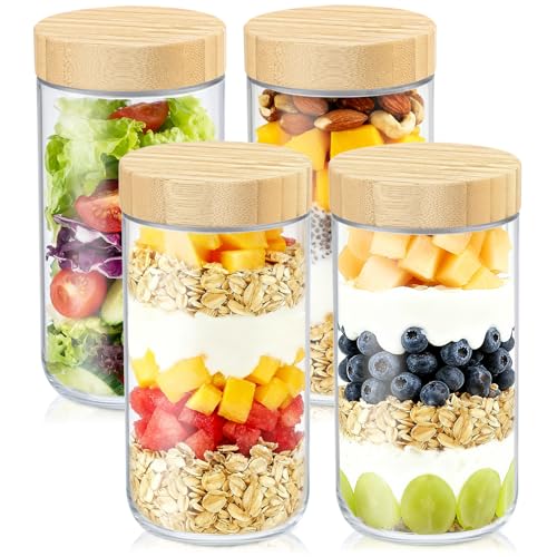 DRKIO 24 Oz Overnight Oats Containers with Bamboo Lids - 4 Pack Glass Storage Jars with Airtight Lids Wide Mouth Mason Food Jars Great for Meal Prep Salad Chia Pudding Snacks Yogurt Sugar Spice