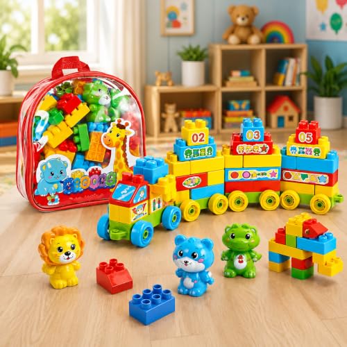 Blocos de Montar Infantil 72 Peças com Mochila Organizadora, Brinquedo Educativo de Encaixe, Kit Colorido para Construção, Coordenação Motora, Criatividade, Aprendizado e Diversão