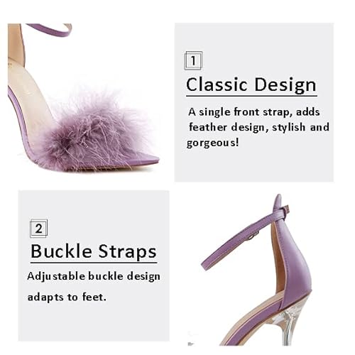 Erikenurben Women's Heeled Sandals 4.3 Inches Fluffy Feather Open Toe Stiletto High Heels Summer Ankle Strap Formal Party Dress Shoes Purple Us Size 9 #TOP3