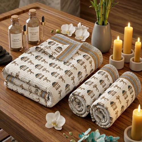 Image of Mafatlal Madhuban Soft Cotton Towel Set (1 Bath 147x76 cm + 2 Hand 76x38 cm) | 250 GSM | Absorbent, Hand Printed Floral | Dried Tobacco
