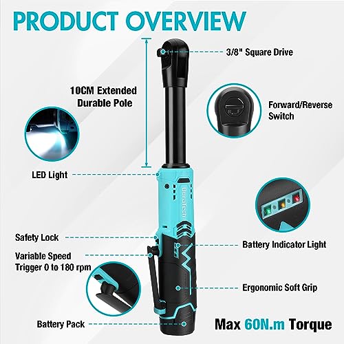 DURATECH Elektrische ratelsleutelset, verlengde batterij ratelschroevendraaier 12 V, 3/8 inch, 60 Nm, draadloze ratel met 2 x 2,0 Ah accu, LED-licht, inclusief 10 doppen, opbergtas, oplader - Afbeelding 3