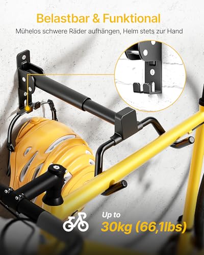 monTEK Fahrrad Wandhalterung, Winkel und Wandabstand einstellbar, Fahrradhalterung Wand Klappbar 30kg Tragfähigkeit, Ausziehbar Fahrradaufbewahrung mit Helmhaken für Garage, 1 Stück