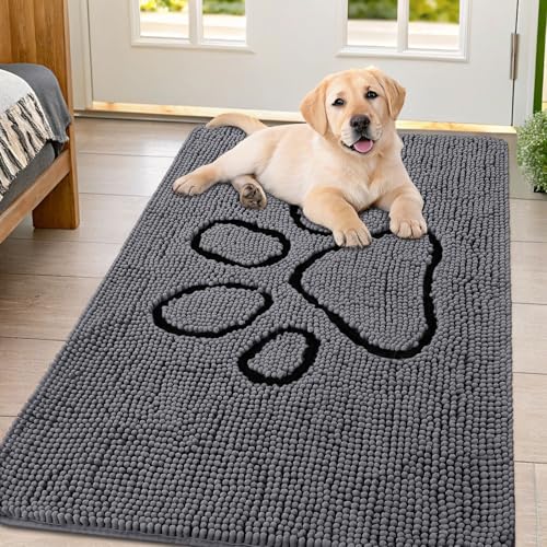 Image of Smiry Dog Door Mat for Muddy Paws, Absorbent Dirt Trapper Non Slip Quick Dry Washable Chenille Mat for Mud Dogs, Entry Rug for Indoor and Outdoor (47x32 Inches, Dark Grey and Black)