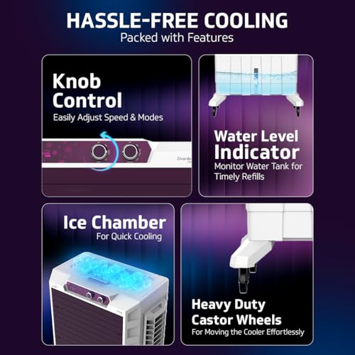 Image of V-Guard Zivardo 100 Air Cooler for Home | 100 Litre | Two Years Manufacturer's Warranty on Motor & Pump | White & Purple Burry