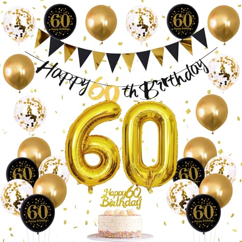 Image of Jobkoo 60th Birthday Decorations, Black Gold 60th Birthday Party Decoration for Men Women Golden Black Balloons 60th Cake Topper 60th Banner for 60 Year Old Party Supplies