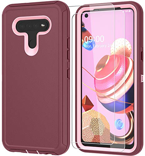 ComoUSA Compatible with LG K51Case, with HD Screen Protector (2 Packs) Rugged Heavy Duty and Shockproof Proof 3-Layer Durable Cover for LG K51 Phone (WineRed-Pink)