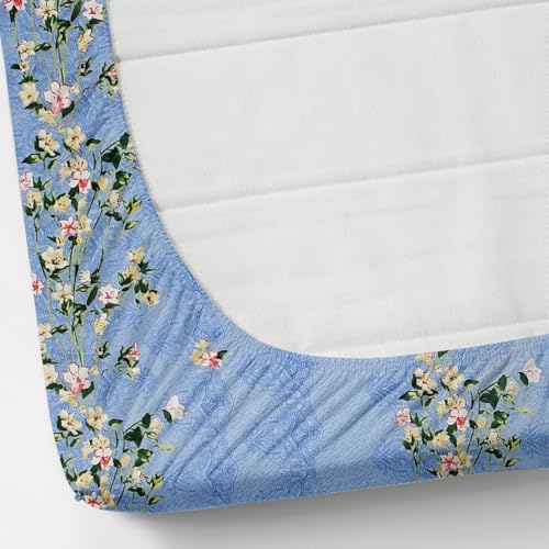 Image of Jashan Premium Cotton Fitted Bedsheets with 2 Pillow Covers for King Size Bed | 200-220 TC | Size 78x72+10 Inches | Sky Blue Flowers | Soft, Durable, All-Around Elastic Modern Design