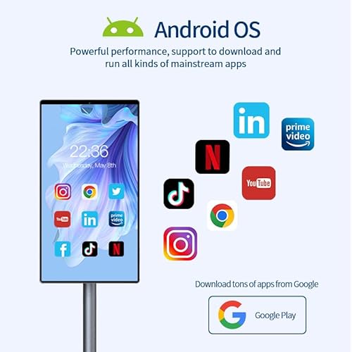 21.5 Inch Portable TV شاشه متنقله Floor Screen with Adjustable Stand - LCD Smart Touch Display Screen | 4G RAM+64G Storage | Built-in Battery, Full Swivel Rotation (Black)