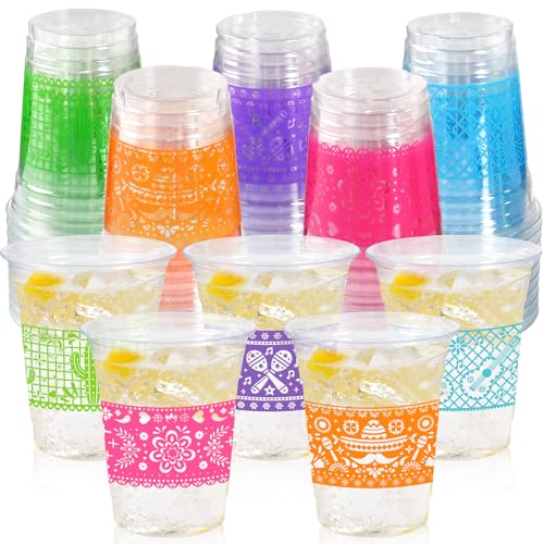 CUPLOOV 50 Pack Fiesta Plastic Cups Mexican Papel Picado Disposable Clear Cups with 5 Pattern Designs for Cinco de Mayo Taco Theme Birthday Party Decorations 12OZ