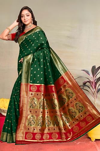 Image of C J Enterprise Women's Pure Kanjivaram Silk Saree Paithani Soft Wedding Sarees With Blouse Piece (Chand paithani)