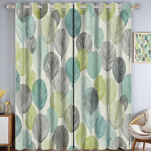 Rideaux opaque à oeillets vert olive thermique motif feuilles géométriques 2 pièces