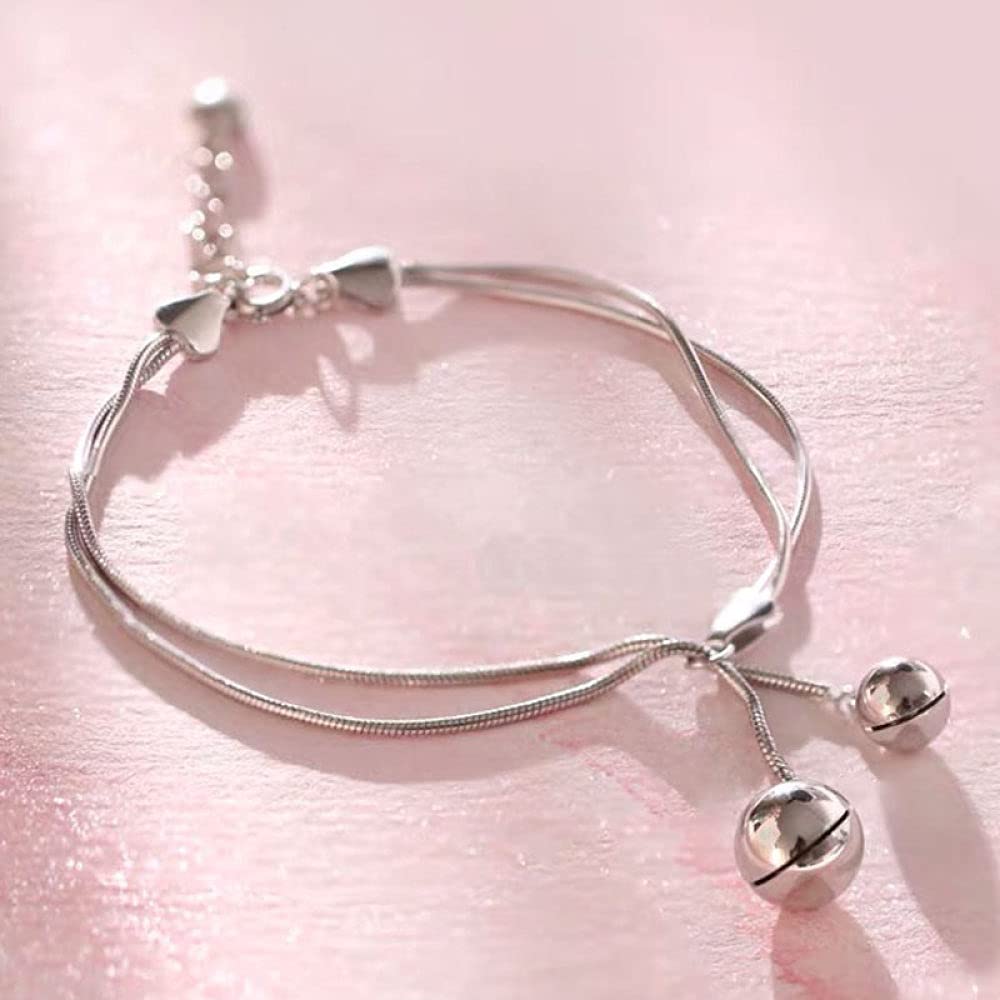Braccialetti a catena con polsino in argento sterling moda, Bracciale in argento sterling 925 da donna Bracciale a doppia catena con campane vintage Bracciale regolabile da donna Gioielli in argento s