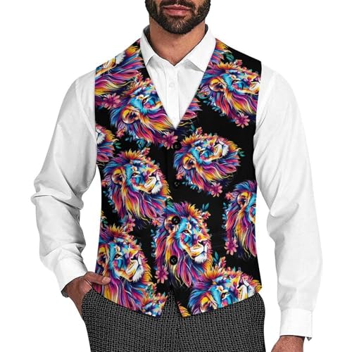Lion Colorful Lions Men's Suit Vests Business Formal Dress V-Neck Waistcoat Tops with 2 Pockets