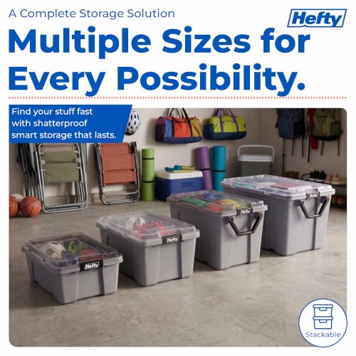 Image of Hefty 18 Gallon Storage Bin with Clear Lid, Heavy Duty Plastic Storage Container Stackable Tote for Garage Closet Home Organization, Large Storage Bin, 6 Pack, Grey