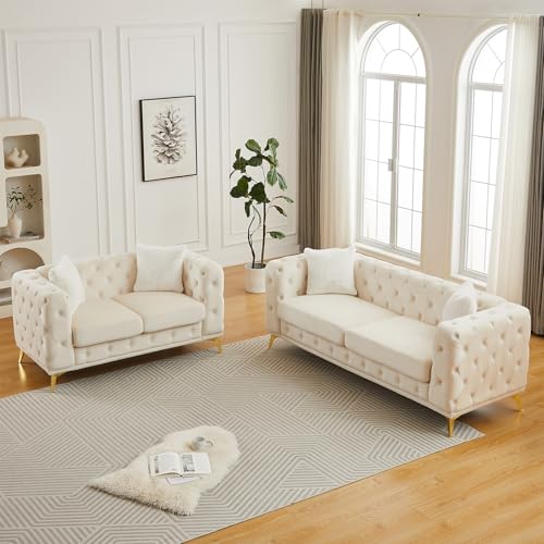 Sofa and Loveseat Set, Chesterfield Vintage Mid Century Modern Velvet