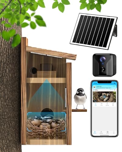 Bird House with Camera Solar Powered,2K HD Wi-Fi Bird Watching, Auto Detect&Notify, Night Vision, APP Control, Birdhouse for Birds Nesting, Wooden Birdhouse with Cam Inside (Solar-Powered)
