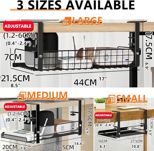 Image of Under Desk Cable Management Tray - Metal Wire Shelf Organizer for Cords, Power Strips & Accessories | Sturdy Black Rack for Office & Home | Easy Install, No Drill Required (Medium)